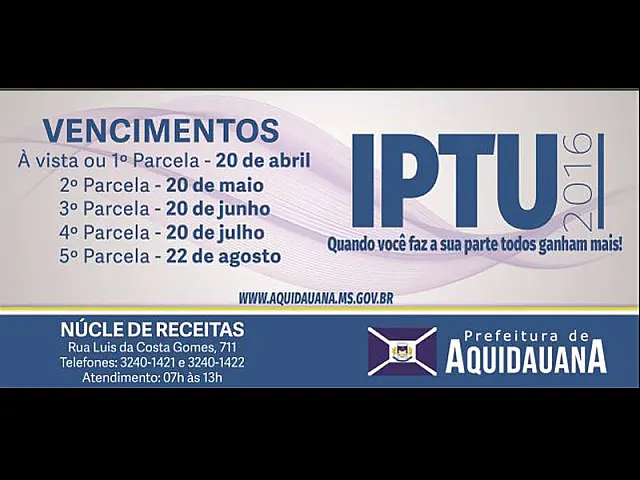 Prefeitura de Aquidauana divulga datas para pagamento do IPTU