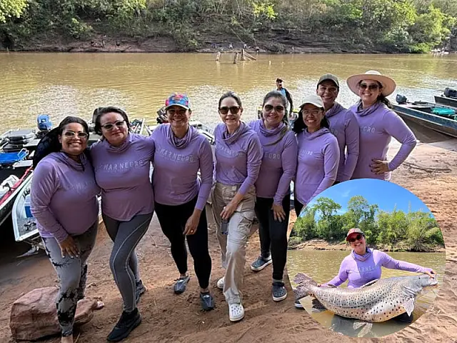 Grupo de mulheres da saúde fisga pintados gigantes no Rio Miranda