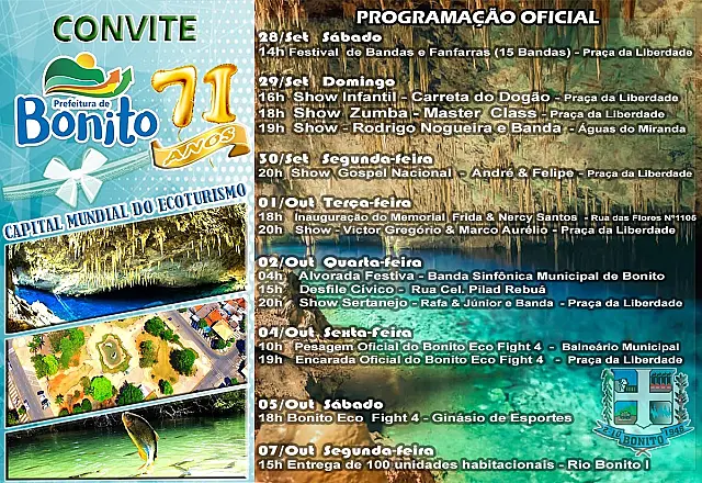 Programação do aniversário de Bonito terá uma semana de shows e atividades culturais