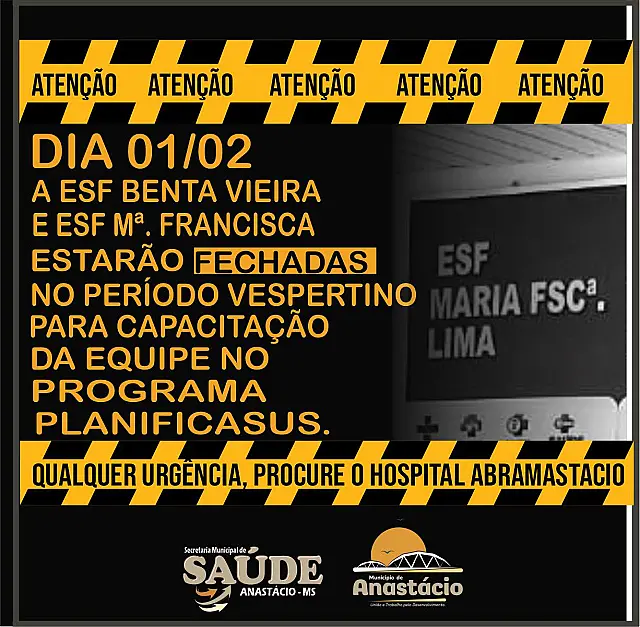 ESFs de Anastácio não funcionarão na tarde de terça-feira