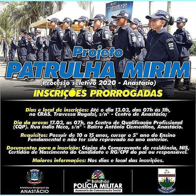 Inscrições prorrogadas para o Projeto Patrulha Mirim
