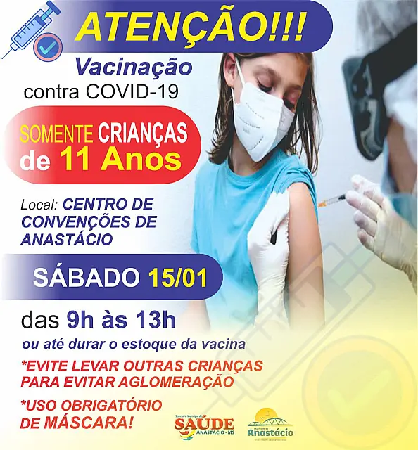 Em Anastácio, crianças de 11 anos serão vacinadas amanhã