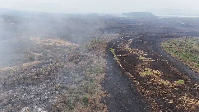 Bombeiros atuam há 3 dias no combate a incêndio na Baía Negra em Corumbá