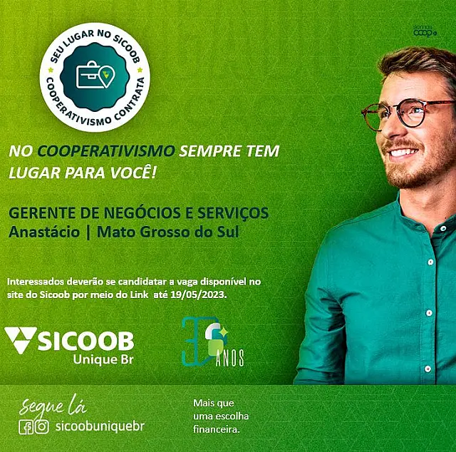 Cooperativa Sicoob abre vaga de gerente de negócios e serviços em Anastácio