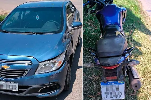 Homem e criança ficam feridos em acidente entre carro e moto