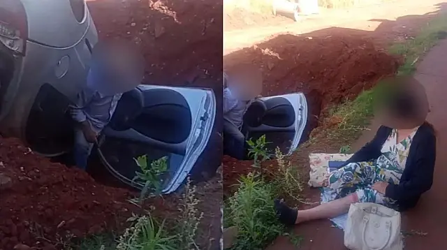 Casal de idosos se fere após carro cair em cratera