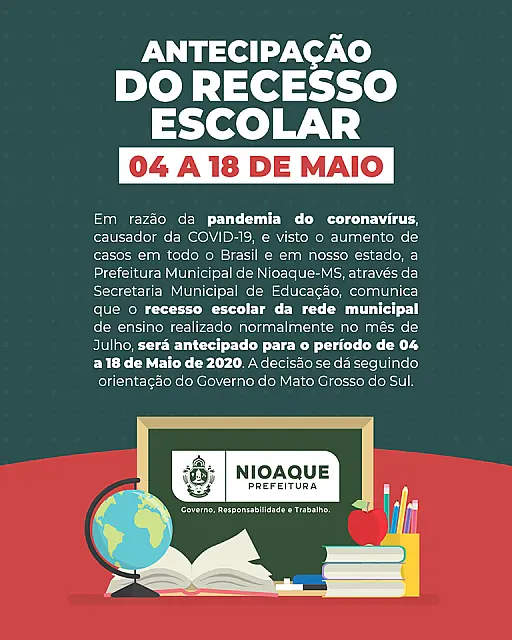 Por conta da pandemia, Nioaque antecipa recesso escolar para 4 de maio