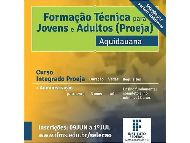 IFMS oferece 40 vagas para curso técnico em administração
