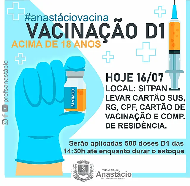 Anastácio vacina pessoas acima de 18 anos nesta sexta-feira