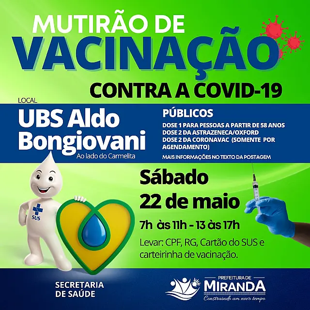 Prefeitura de Miranda realiza mutirão neste sábado para vacinar população contra Covid-19