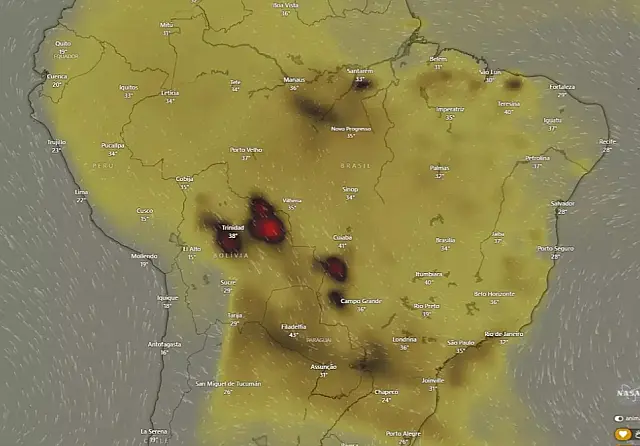 Densa fumaça causada por incêndios no Pantanal é vista do espaço