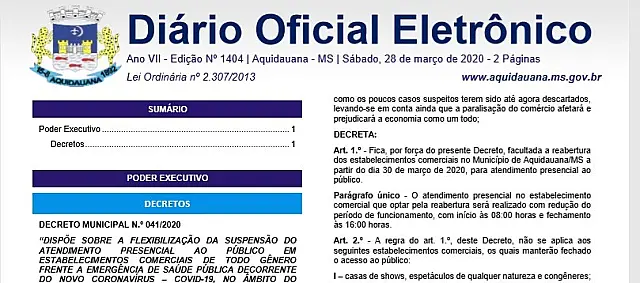Prefeitura publica decreto que flexibiliza a suspensão do fechamento do comércio de Aquidauana devido ao Covid-19