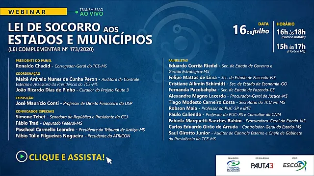TCE-MS debate Lei de Socorro a Estados e Municípios em webinar na próxima quinta-feira
