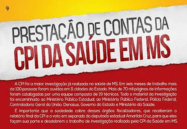 Aquidauana sedia hoje prestação de contas da CPI da Saúde