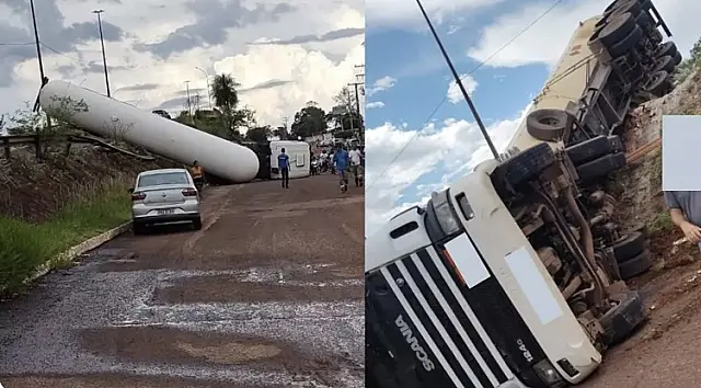 Carreta carregada com GLP sai da pista e cai de pontilhão
