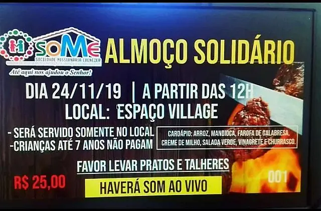 Instituição realiza almoço solidário no próximo domingo