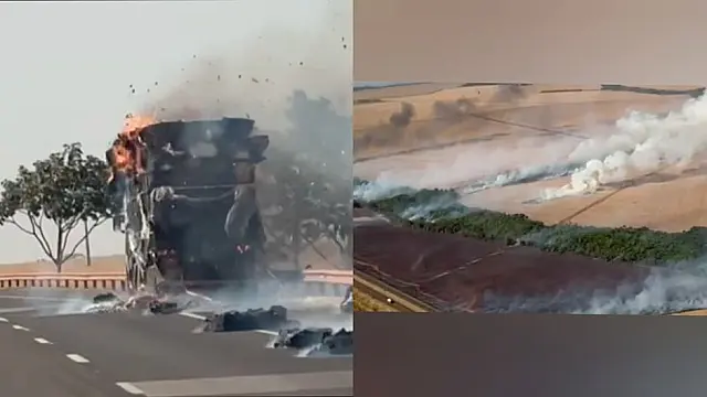 Carreta carregada de algodão pega fogo e interdita parcialmente a BR-163