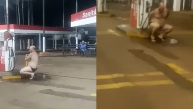 Caminhoneiro toma banho só de cueca em posto de combustível de Chapadão do Sul