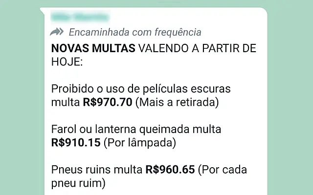 Mensagem com novos valores de multas de trânsito é falsa