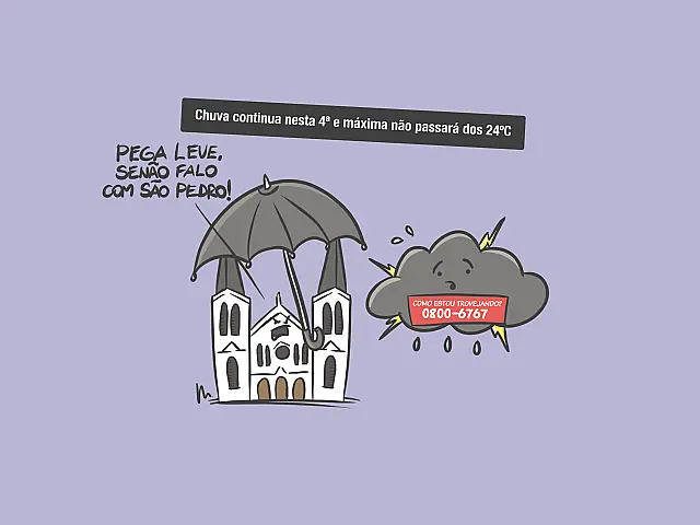 Chuva continua nesta 4ª e máxima não passará dos 24ºC