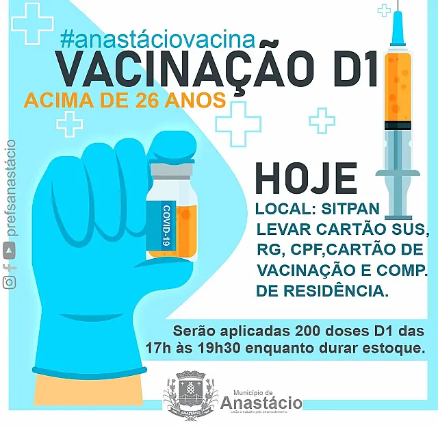 Anastácio aplica primeira dose contra a covid para pessoas com mais de 26 anos
