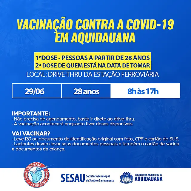 Sesau abre imunização para pessoas a partir de 28 anos em Aquidauana