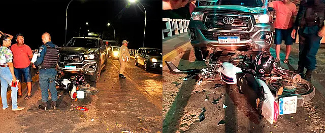Colisão entre Hilux e motocicleta deixa mulher ferida na ponte nova