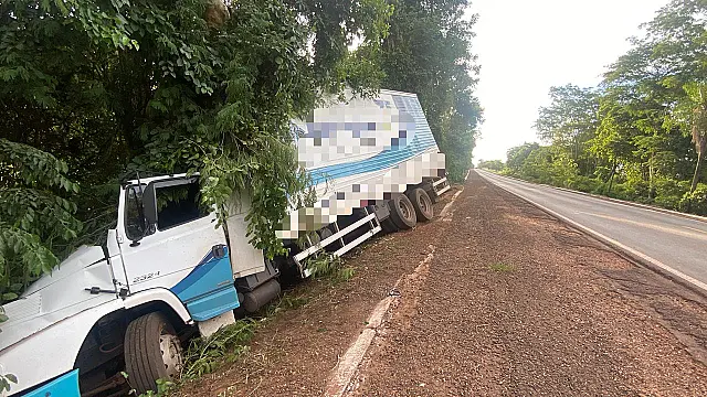 Caminhão sai da pista na BR-262 após quebra de barra de direção em Anastácio