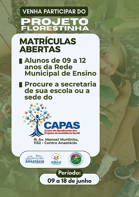 Inscrições para o Projeto Florestinha terminam nesta quarta-feira em Anastácio
