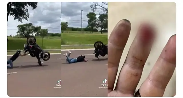 Motociclista empina moto e cai; homem tem dedo decepado ao ajudar