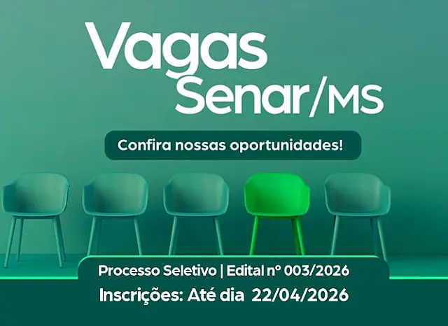 Senar/MS abre processo seletivo com vagas para níveis médio e superior e salários de até R$ 5,1 mil