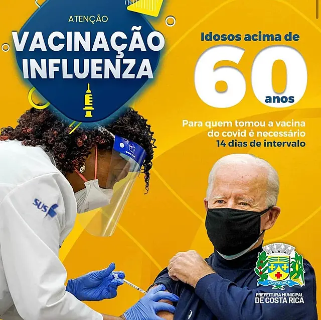 Foto de Joe Biden, presidente dos EUA, é utilizada em campanha de vacinação da gripe em cidade de MS