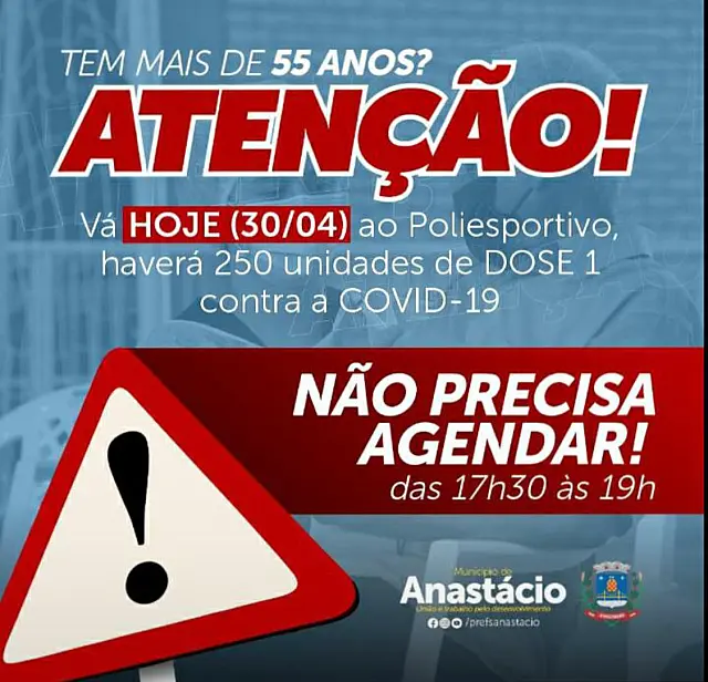 Prefeitura de Anastácio aplicará 250 doses sem agendamento em pessoas acima de 55 anos nesta sexta