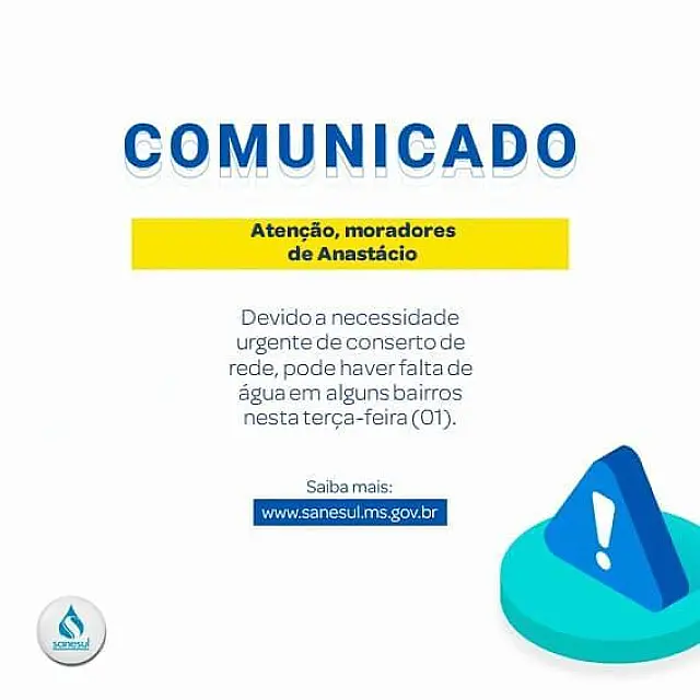 Moradores de Anastácio devem ficar sem água até às 12h