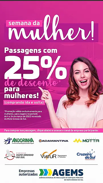 Iniciativa inédita da AGEMS concede 25% de desconto para mulheres no transporte intermunicipal