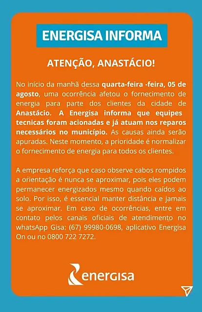 Energisa divulga nota de esclarecimento aos clientes de Anastácio e Aquidauana