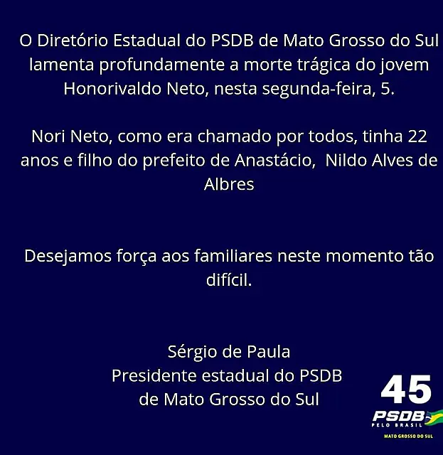 PSDB de MS divulga nota de pesar à família de Nori Neto, filho do prefeito de Anastácio