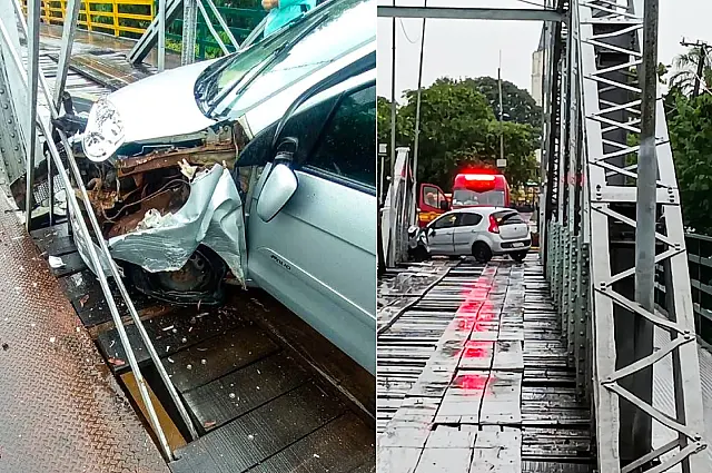 Motorista perde controle e bate na estrutura da Ponte Velha de Aquidauana