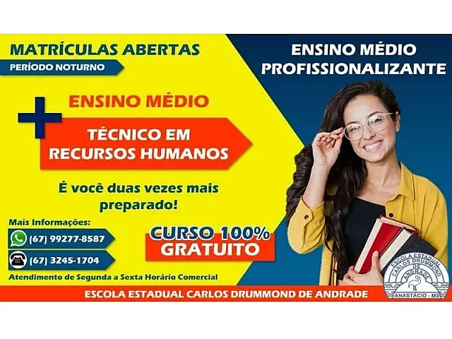 Escola estadual abre inscrições em curso técnico de Recursos Humanos em Anastácio