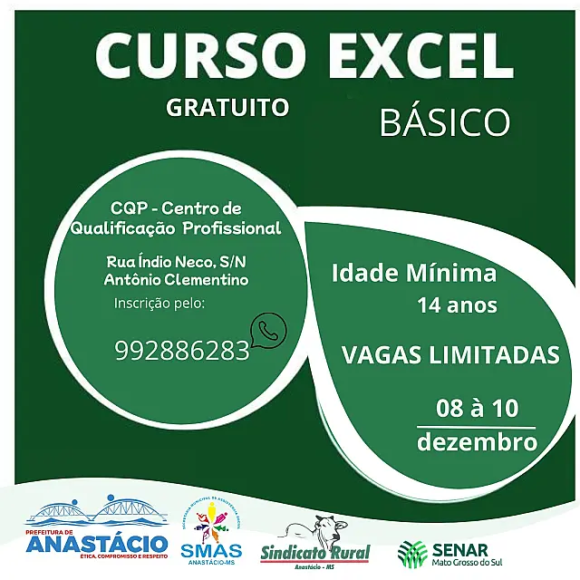 Anastácio inicia hoje curso gratuito de Excel Básico