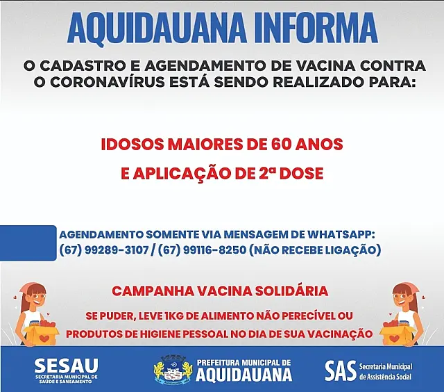 A partir de segunda, idosos com mais de 60 anos podem se vacinar em Aquidauana
