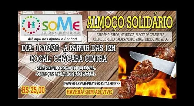 Almoço beneficente terá comida e música boa, além de ajudar crianças da SOME neste domingo