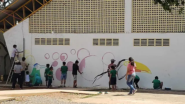 Alunos de escola em Bonito pintam muros com desenhos da fauna e flora