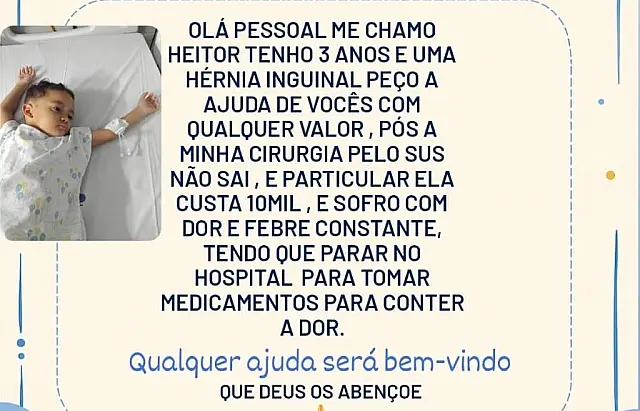 Família de Aquidauana faz campanha para custear cirurgia de menino que sofre com hérnia inguinal