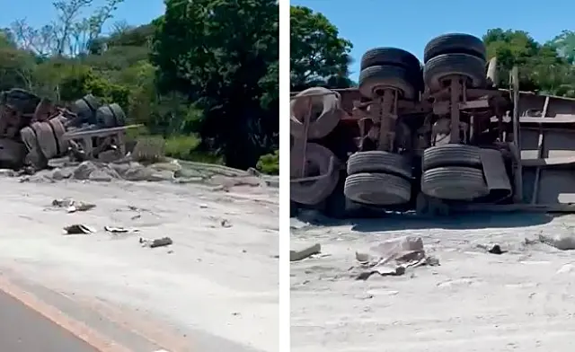 Carreta tomba às margens de rodovia no Indubrasil