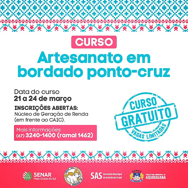 SAS abre inscrições para curso de artesanato em bordado ponto-cruz