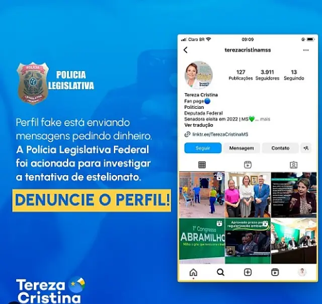 Senadora Tereza Cristina alerta para conta fake que pede dinheiro