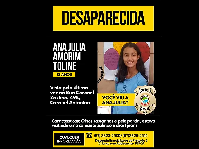 Polícia emite alerta por adolescente desaparecida em Campo Grande