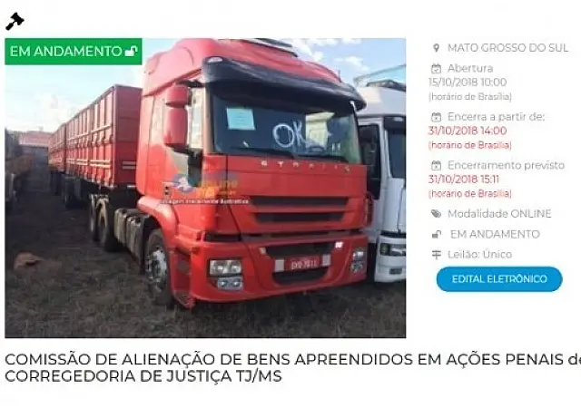 Leilão do TJMS tem caminhões e carro com lance a partir de R$ 300