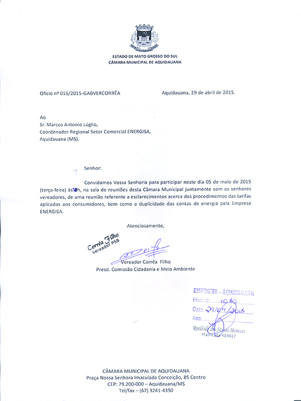 Ofício encaminhado ao Coordenador da Energisa de Aquidauana